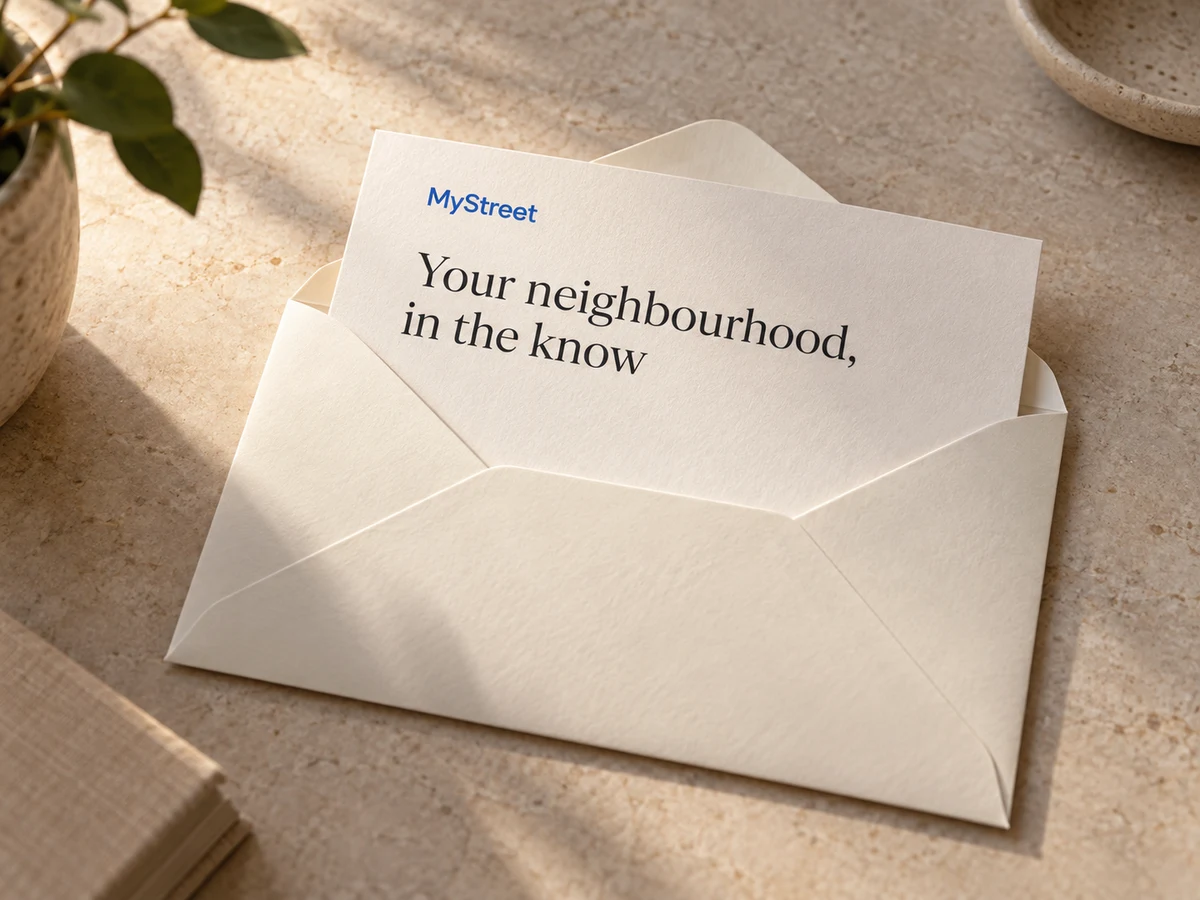 MyStreet neighbourhood letter tucked into a textured paper envelope